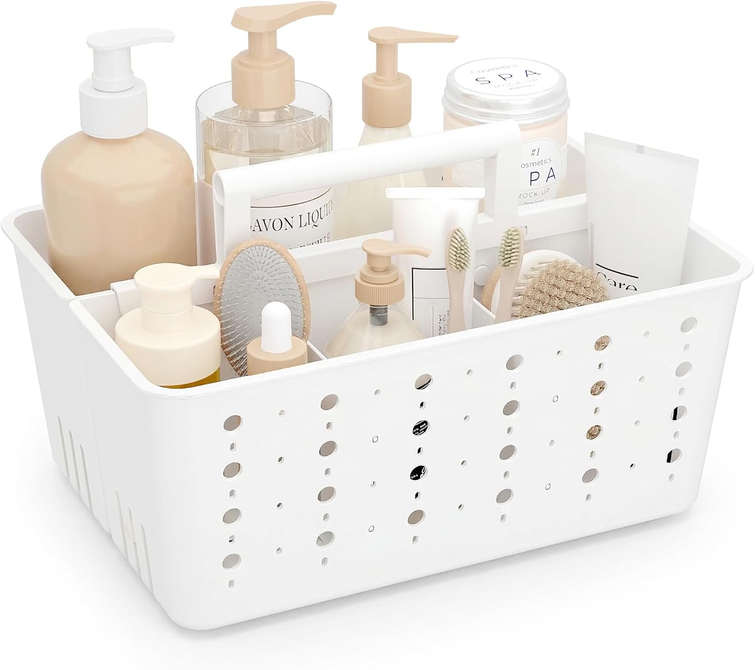 Shower Caddy Portable, Cleaning Supplies Caddy Organizer with Handle and Adjtable Dividers, Plastic Shower Basket for Dorm Room Essentials, College, Bathroom, White, 1 Pack - Image 1