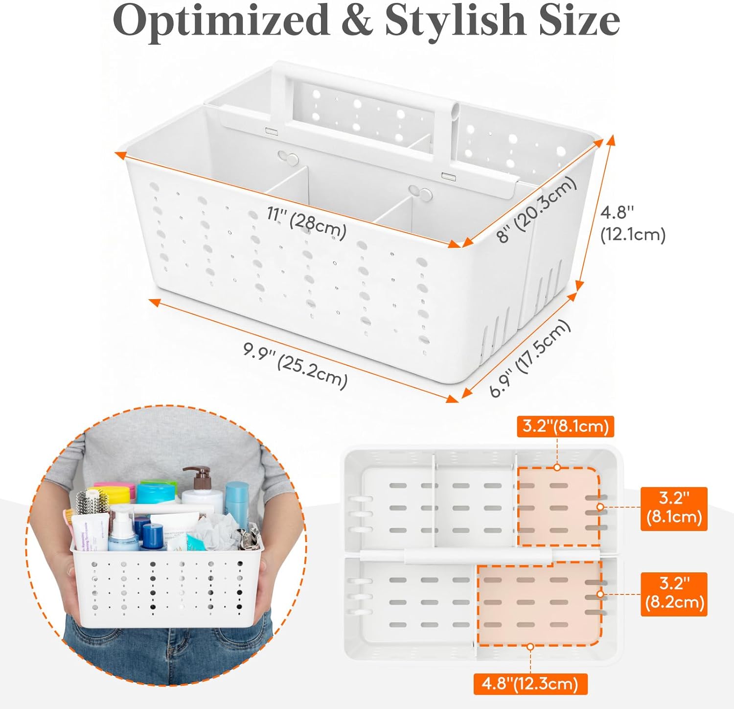 Shower Caddy Portable, Cleaning Supplies Caddy Organizer with Handle and Adjtable Dividers, Plastic Shower Basket for Dorm Room Essentials, College, Bathroom, White, 1 Pack - Image 2