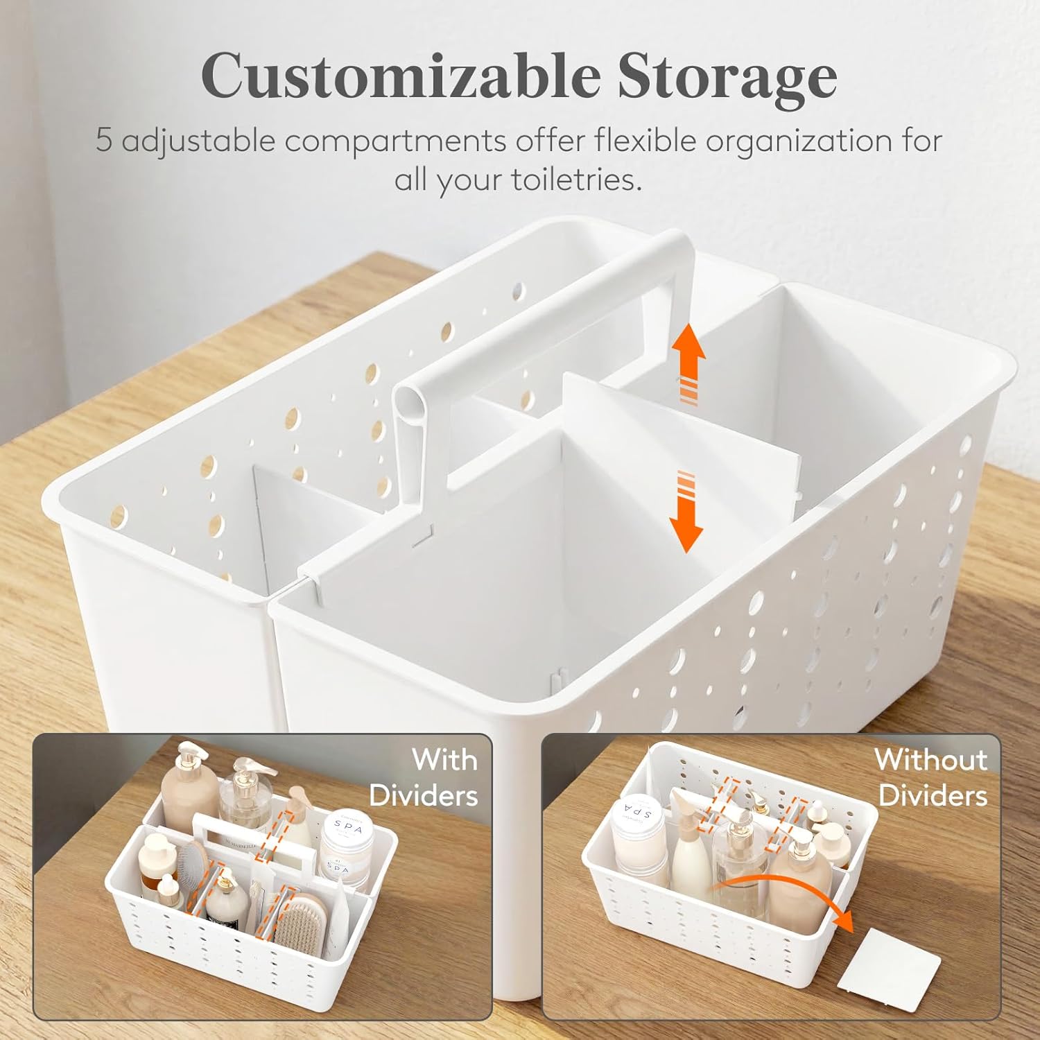 Shower Caddy Portable, Cleaning Supplies Caddy Organizer with Handle and Adjtable Dividers, Plastic Shower Basket for Dorm Room Essentials, College, Bathroom, White, 1 Pack - Image 3