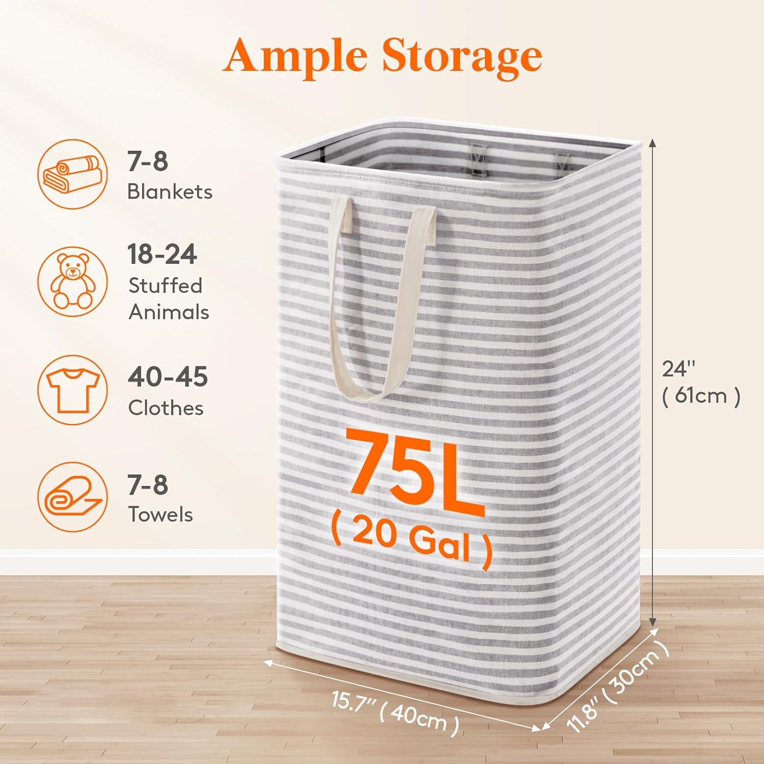 75L Large Collapsible Laundry Hamper, Tall Foldable Dirty Clothes Baskets Waterproof, Freestanding Design with Easy Carry Handles in Dorm Bedroom Bathroom College, Grey - Image 2