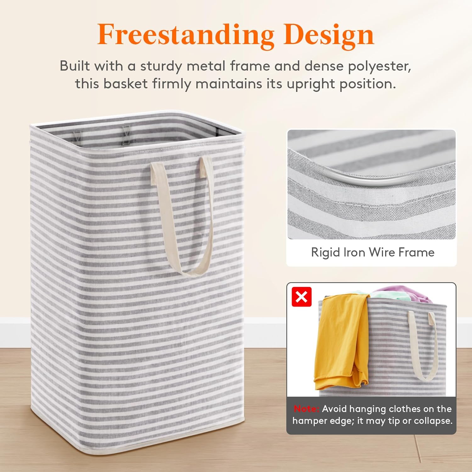 75L Large Collapsible Laundry Hamper, Tall Foldable Dirty Clothes Baskets Waterproof, Freestanding Design with Easy Carry Handles in Dorm Bedroom Bathroom College, Grey - Image 6