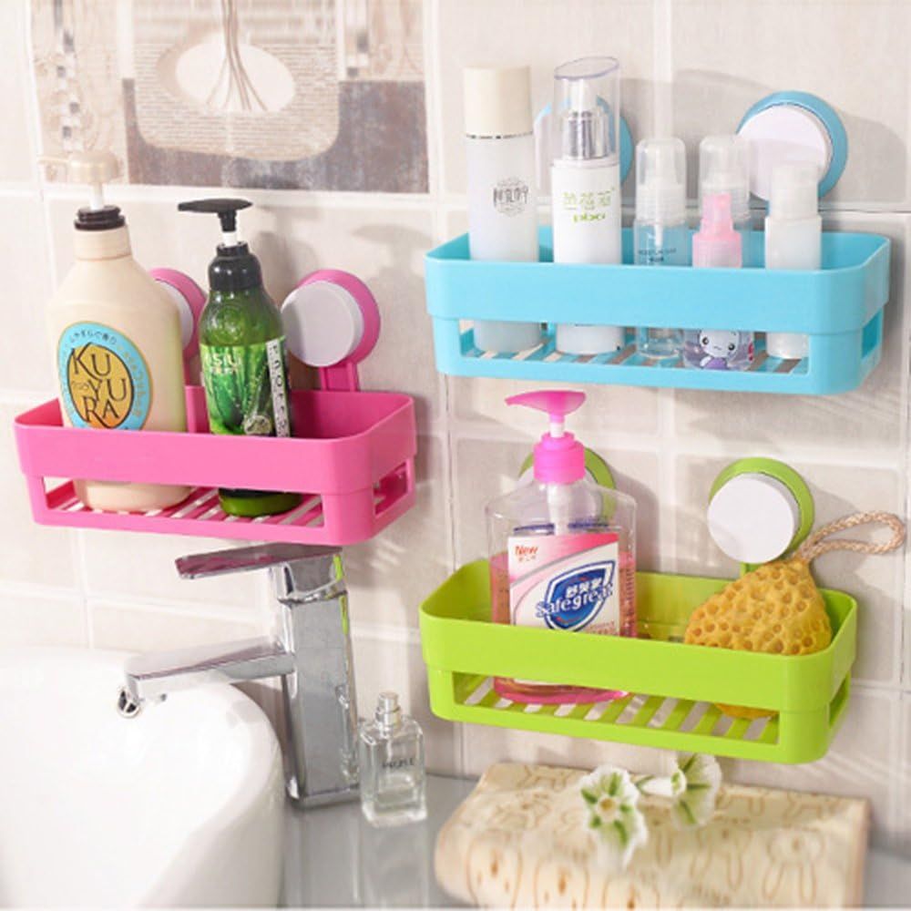 Plastic Organizer Rack for Bathroom Kitchen Storage Box Basket Organization W/Wall Mounted Suction Cup (Pink) - Image 2
