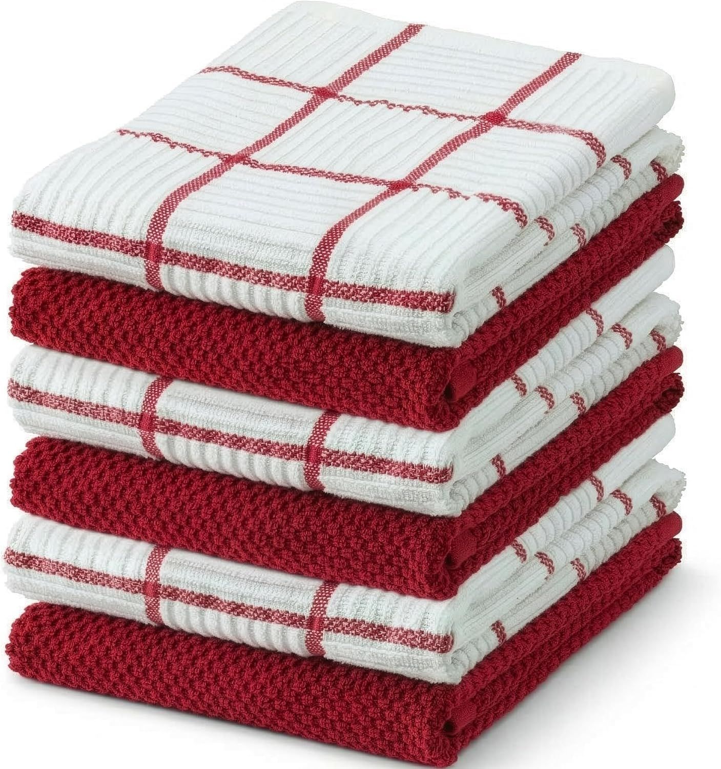 6 Pack Large Kitchen Towels, 16x27 inch Absorbent Dishcloths, 100% Cotton Cleaning Cloth, Red Set (Pack of 6) - Image 1