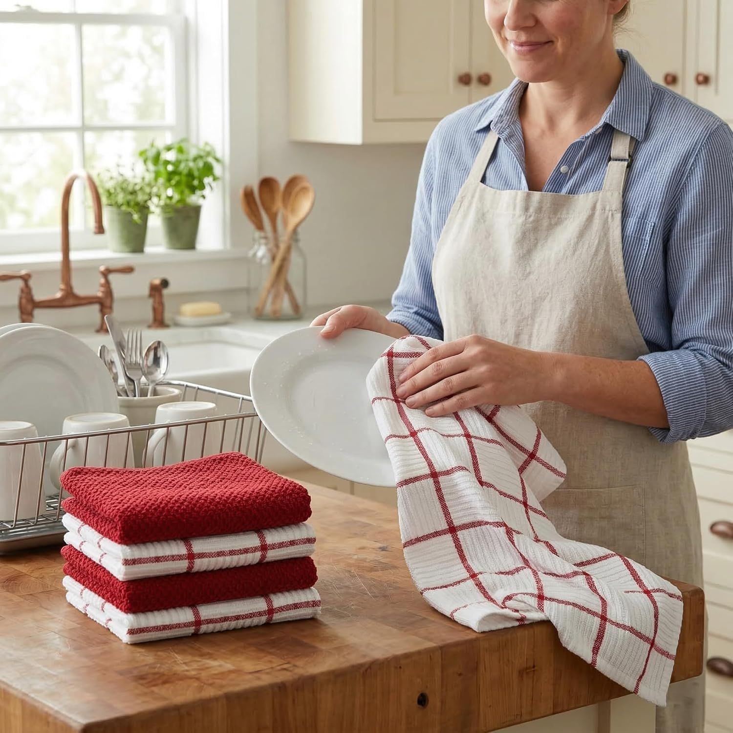 6 Pack Large Kitchen Towels, 16x27 inch Absorbent Dishcloths, 100% Cotton Cleaning Cloth, Red Set (Pack of 6) - Image 2