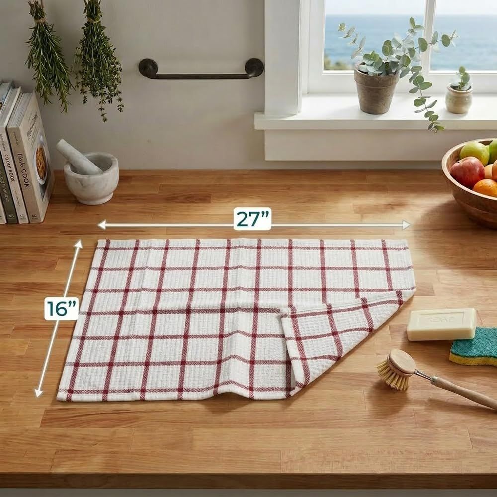 6 Pack Large Kitchen Towels, 16x27 inch Absorbent Dishcloths, 100% Cotton Cleaning Cloth, Red Set (Pack of 6) - Image 3