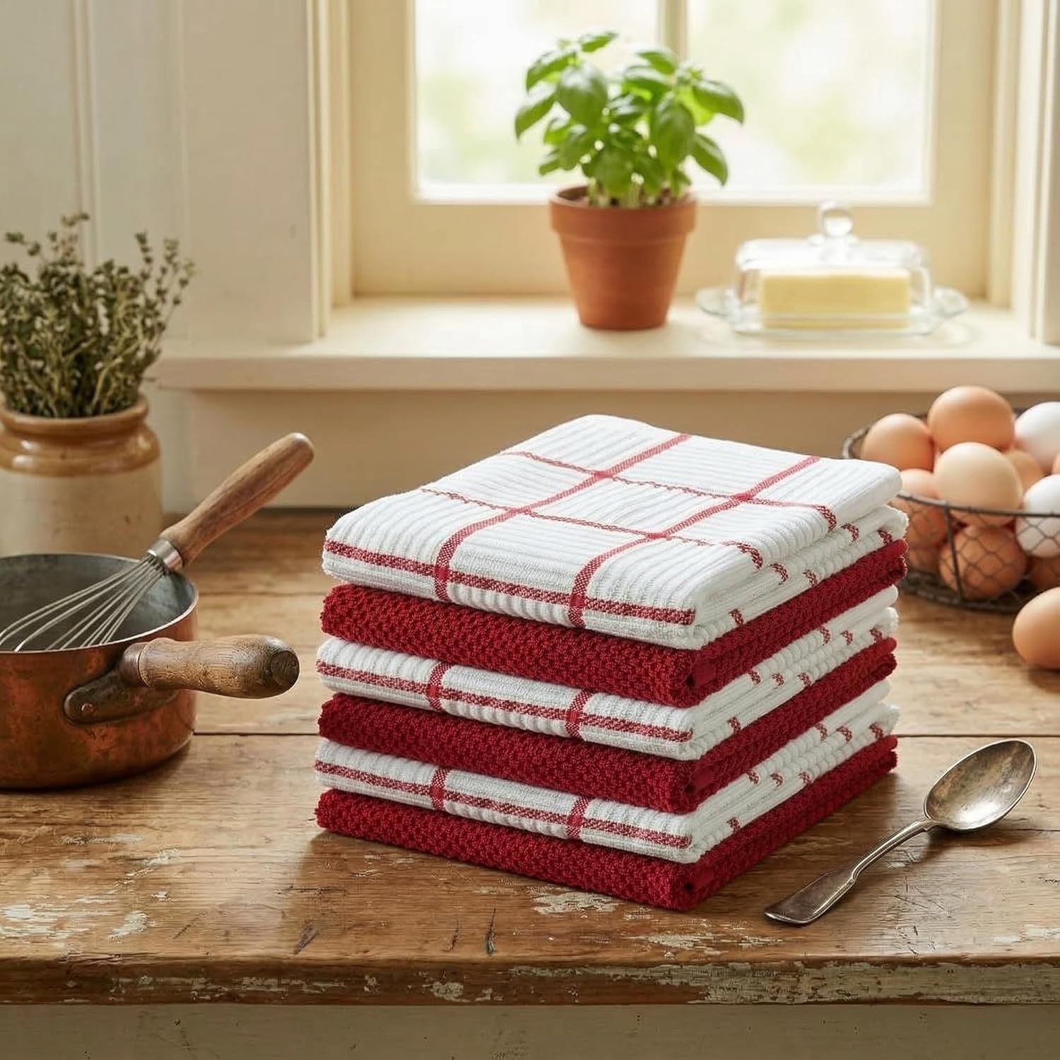 6 Pack Large Kitchen Towels, 16x27 inch Absorbent Dishcloths, 100% Cotton Cleaning Cloth, Red Set (Pack of 6) - Image 5