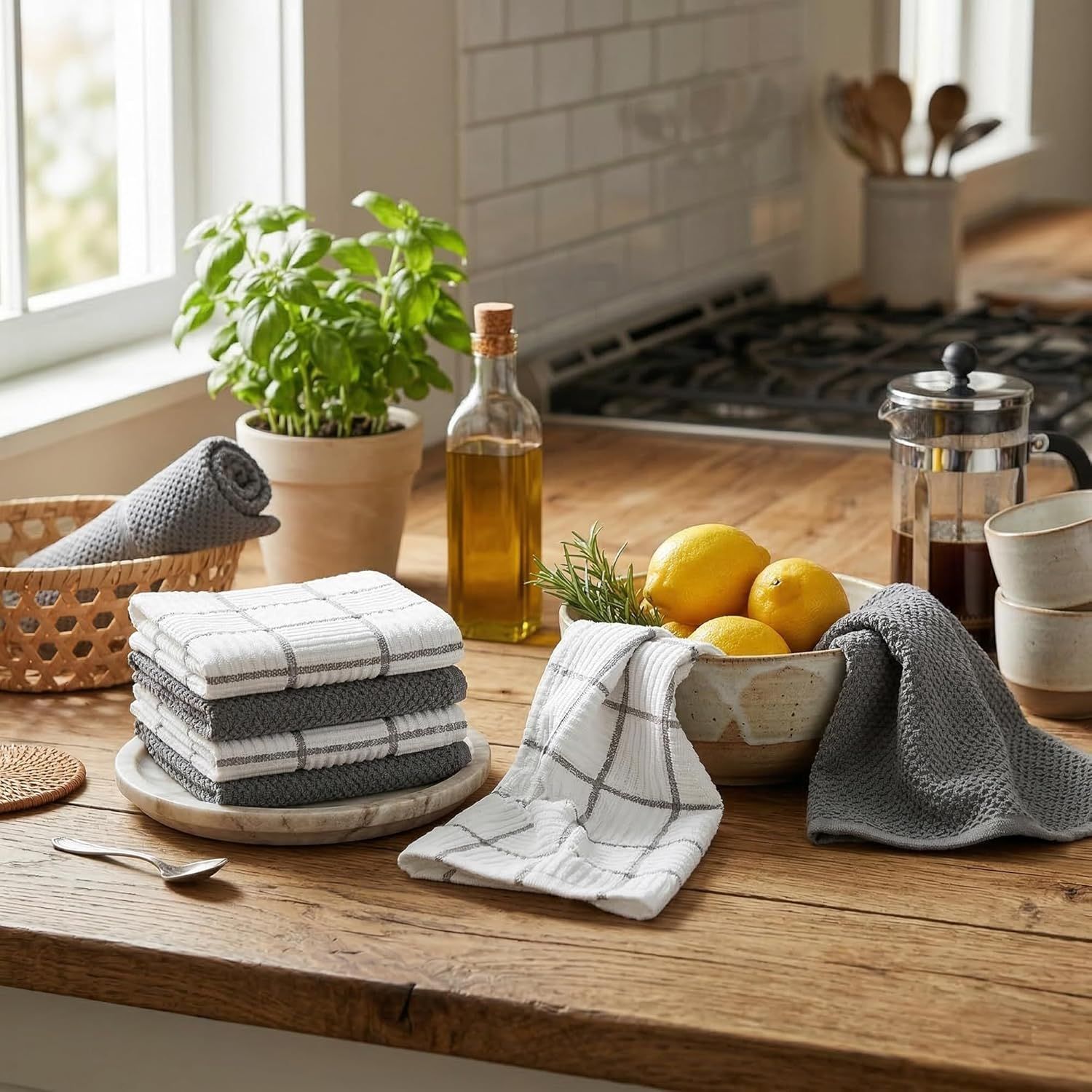 6 Pack Large Kitchen Towels, 16x27 inch Absorbent Dishcloths, 100% Cotton Cleaning Cloth, Gray Set (Pack of 6) - Image 5