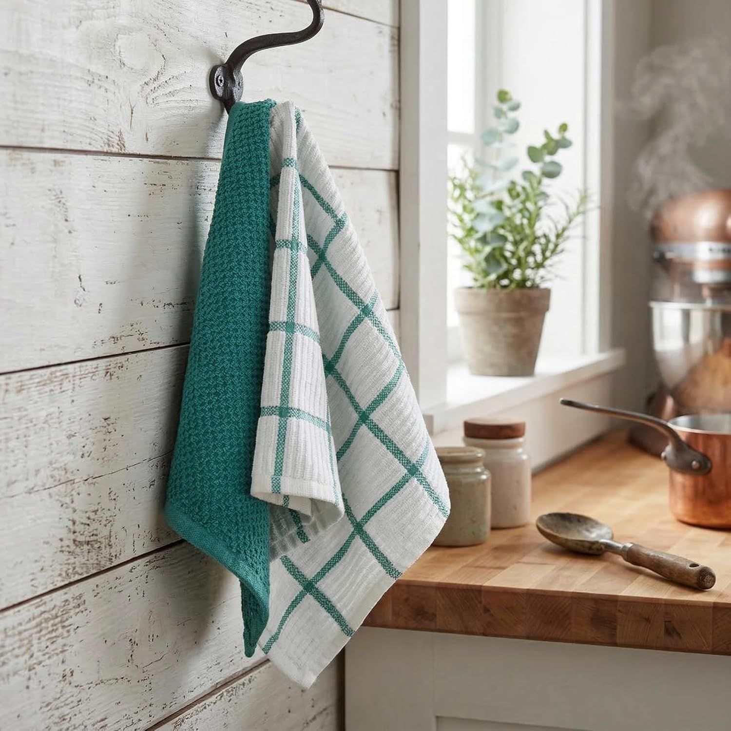 6 Pack Large Kitchen Towels, 16x27 inch Absorbent Dishcloths, 100% Cotton Cleaning Cloth, Teal Set (Pack of 6) - Image 2
