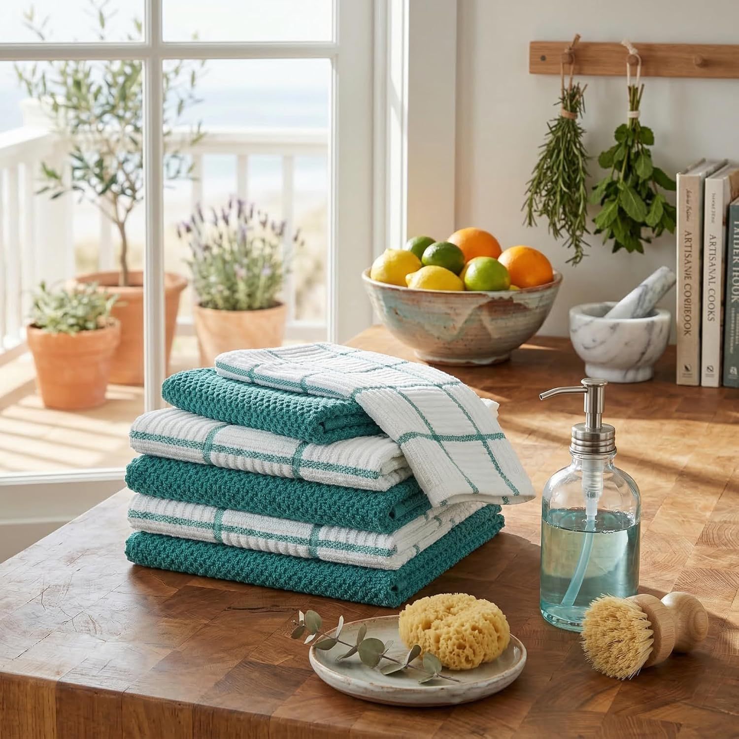 6 Pack Large Kitchen Towels, 16x27 inch Absorbent Dishcloths, 100% Cotton Cleaning Cloth, Teal Set (Pack of 6) - Image 5