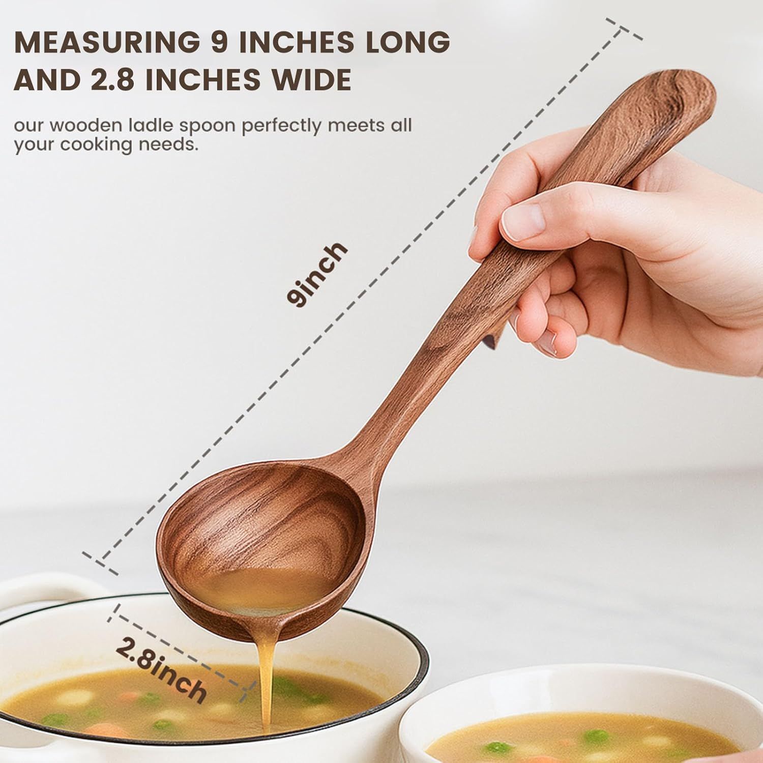 Wooden Ladle for Cooking, Wooden Soup Spoons, Natural Teak Wood Serving Spoon, 9'' Long Handle Scooper for Stirring Gravy Sauce Porridge, House Warming Gifts New Home - Image 3