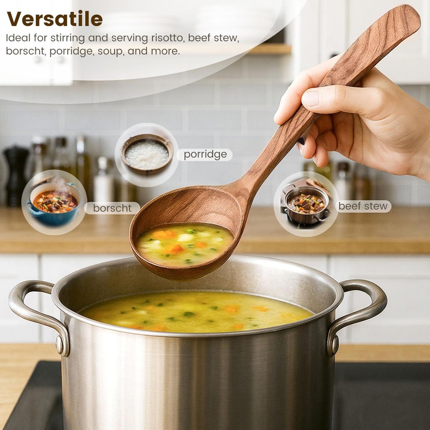 Wooden Ladle for Cooking, Wooden Soup Spoons, Natural Teak Wood Serving Spoon, 9'' Long Handle Scooper for Stirring Gravy Sauce Porridge, House Warming Gifts New Home - Image 4
