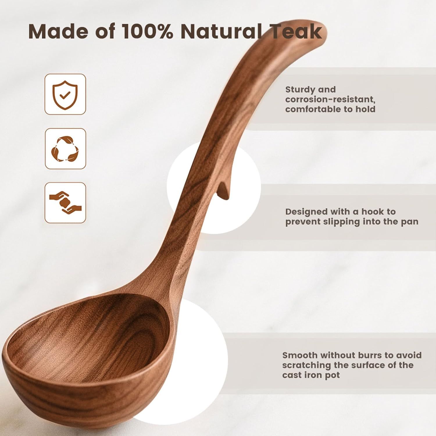 Wooden Ladle for Cooking, Wooden Soup Spoons, Natural Teak Wood Serving Spoon, 9'' Long Handle Scooper for Stirring Gravy Sauce Porridge, House Warming Gifts New Home - Image 6