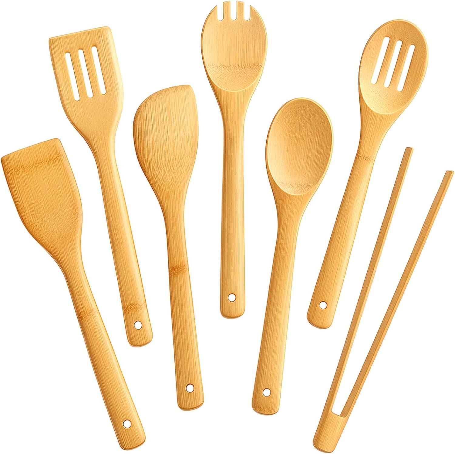 7-Piece Bamboo Kitchen Utensils Set, Wooden Spoons & Spatulas for Nonstick Cookware, Lightweight Heat-Resistant Cooking Tools with Comfortable Grip, Kitchen Gift Set - Image 1