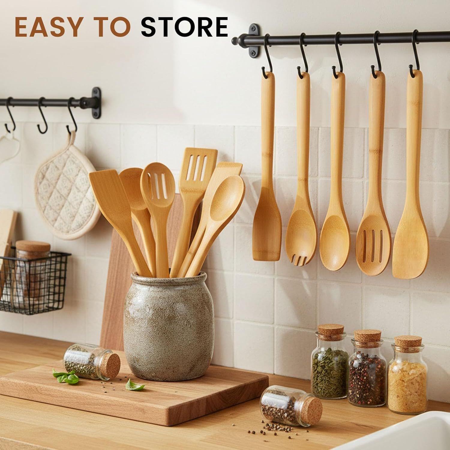 7-Piece Bamboo Kitchen Utensils Set, Wooden Spoons & Spatulas for Nonstick Cookware, Lightweight Heat-Resistant Cooking Tools with Comfortable Grip, Kitchen Gift Set - Image 2