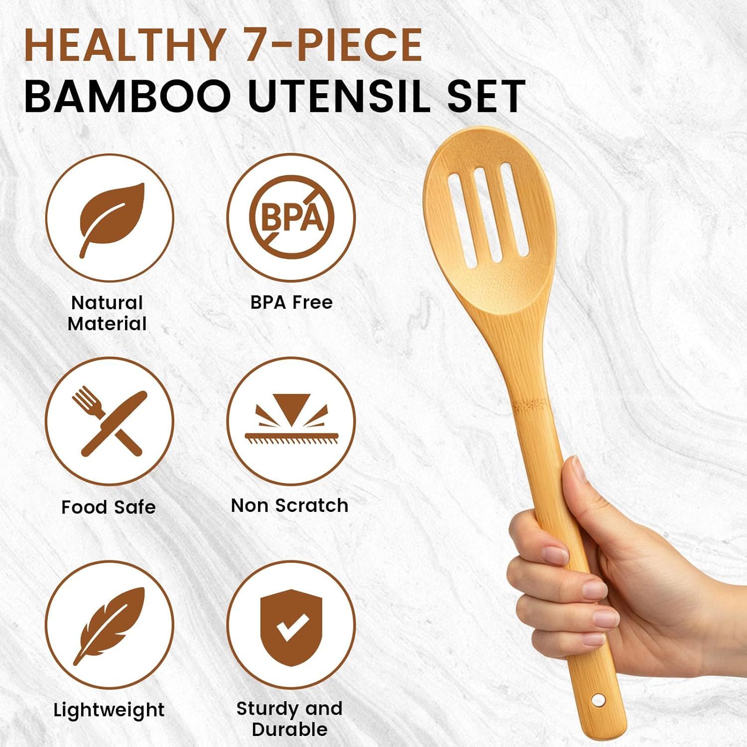 7-Piece Bamboo Kitchen Utensils Set, Wooden Spoons & Spatulas for Nonstick Cookware, Lightweight Heat-Resistant Cooking Tools with Comfortable Grip, Kitchen Gift Set - Image 4