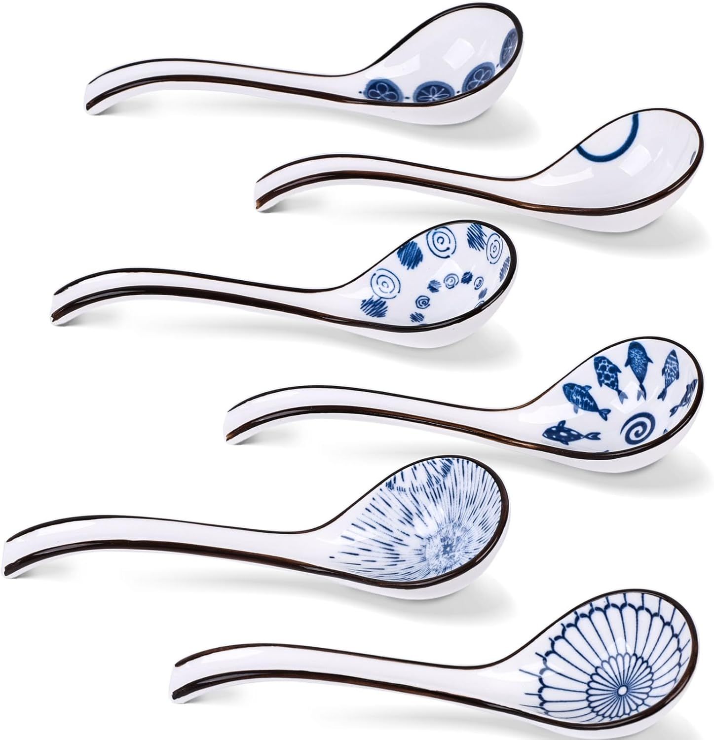 Asian Soup Spoon, 6 PCS Ceramic Soup Spoons for Ramen, Pho, Wonton, Miso, Dumplings, Rice, Noodle, Elegant Gifts for Friends Parents Family, with Long Handle, Easy to Hold, Non-slip Bottom - Image 1