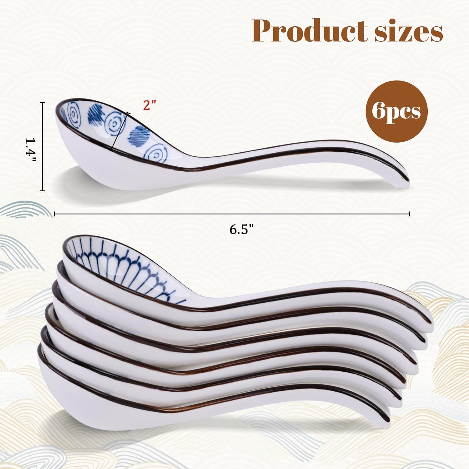Asian Soup Spoon, 6 PCS Ceramic Soup Spoons for Ramen, Pho, Wonton, Miso, Dumplings, Rice, Noodle, Elegant Gifts for Friends Parents Family, with Long Handle, Easy to Hold, Non-slip Bottom - Image 3