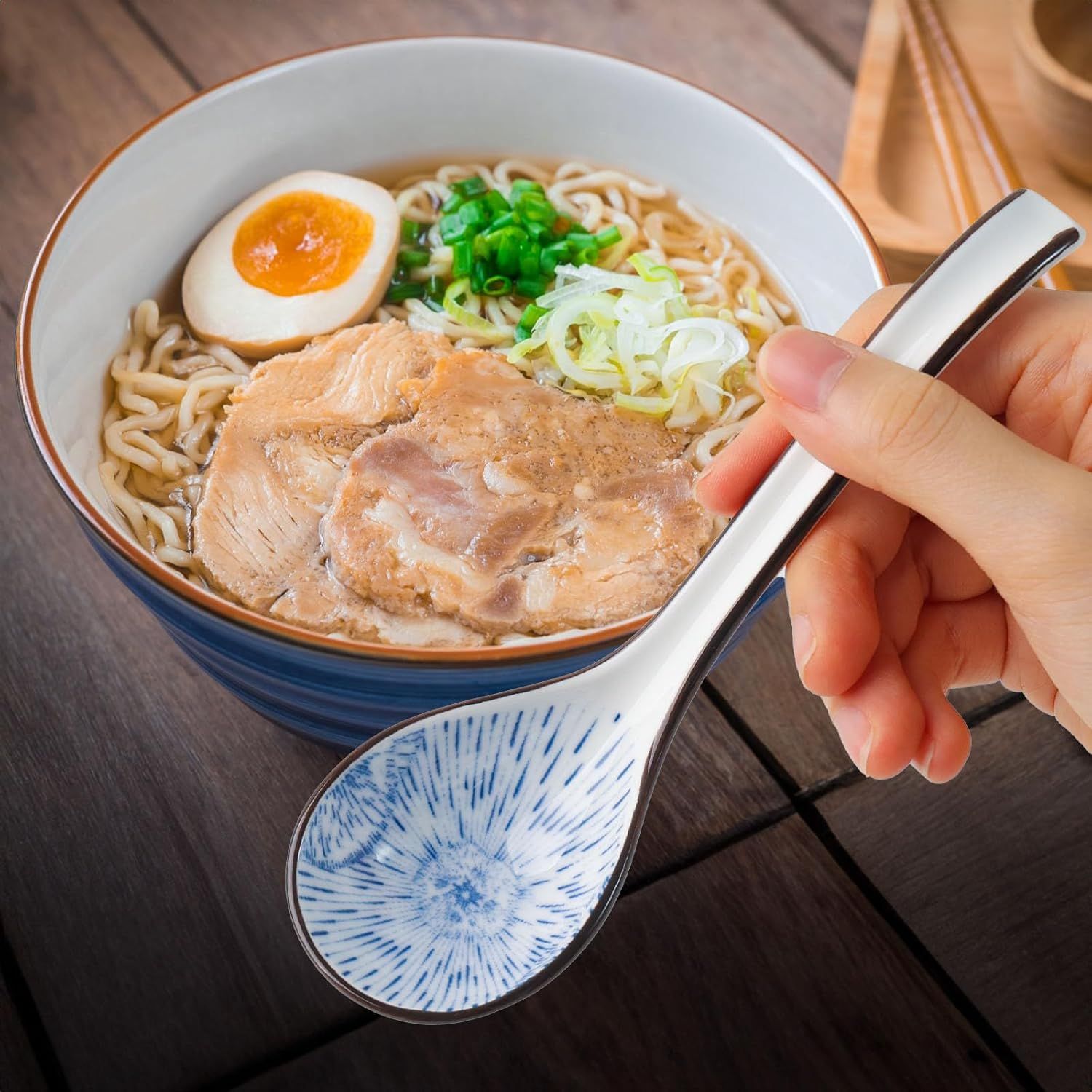 Asian Soup Spoon, 6 PCS Ceramic Soup Spoons for Ramen, Pho, Wonton, Miso, Dumplings, Rice, Noodle, Elegant Gifts for Friends Parents Family, with Long Handle, Easy to Hold, Non-slip Bottom - Image 4