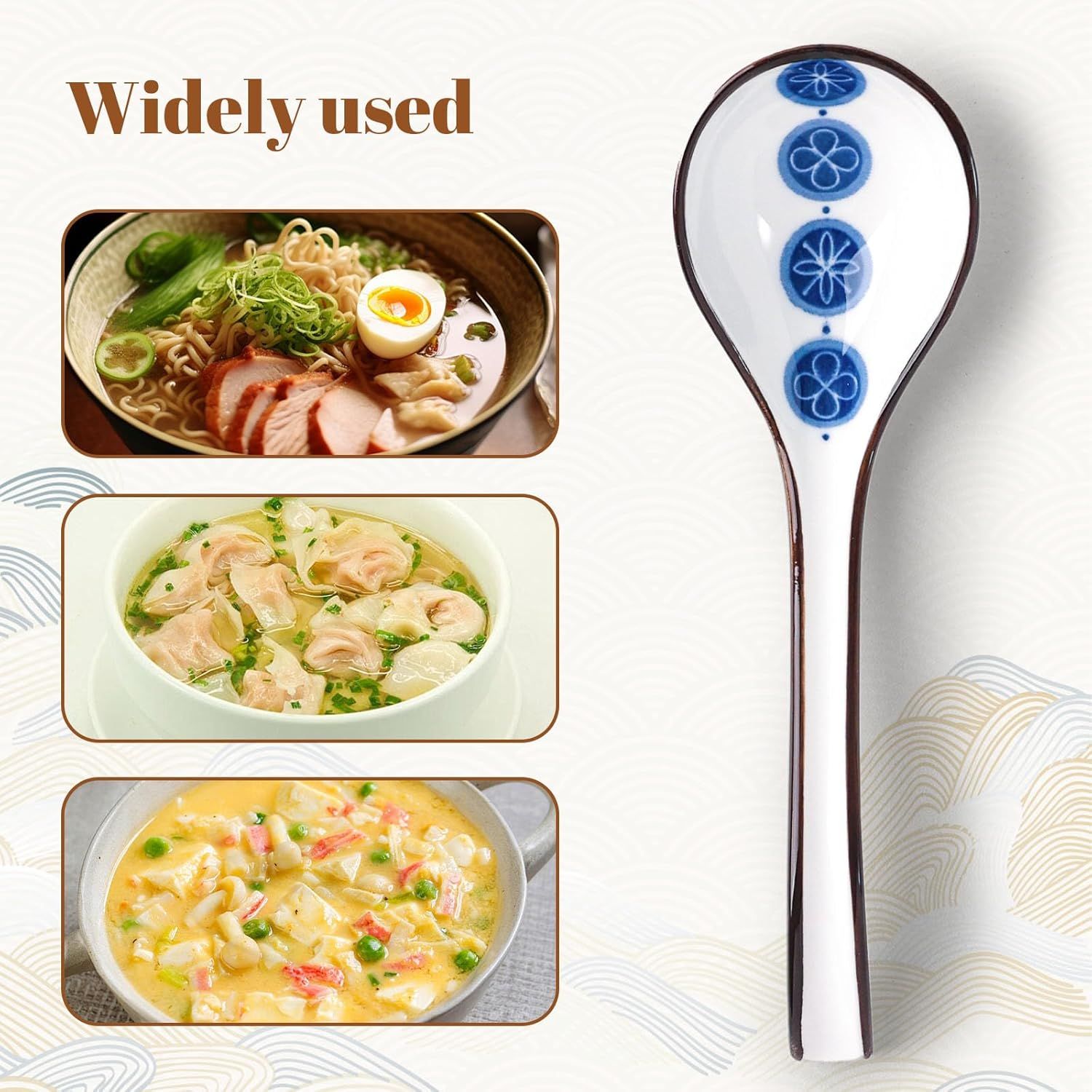 Asian Soup Spoon, 6 PCS Ceramic Soup Spoons for Ramen, Pho, Wonton, Miso, Dumplings, Rice, Noodle, Elegant Gifts for Friends Parents Family, with Long Handle, Easy to Hold, Non-slip Bottom - Image 5