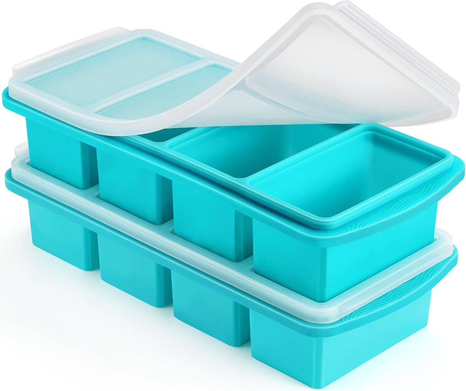 Silicone Freezer Tray with Lid - 1 Cup Silicone Food Freezer Tray - Large Ice Cube Freezer Molds - Soup, Sauce, leftovers, Homemade Meal Prep Freezing Kitchen Storage Containers - Aqua - 2-Pack - Image 1
