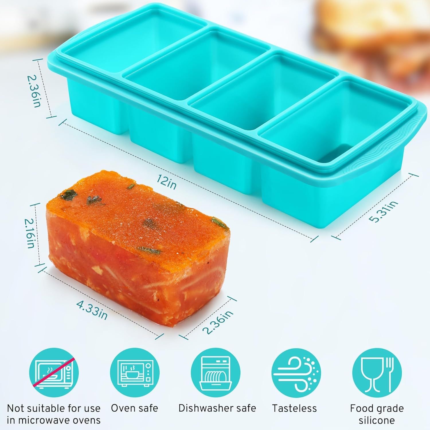 Silicone Freezer Tray with Lid - 1 Cup Silicone Food Freezer Tray - Large Ice Cube Freezer Molds - Soup, Sauce, leftovers, Homemade Meal Prep Freezing Kitchen Storage Containers - Aqua - 2-Pack - Image 2
