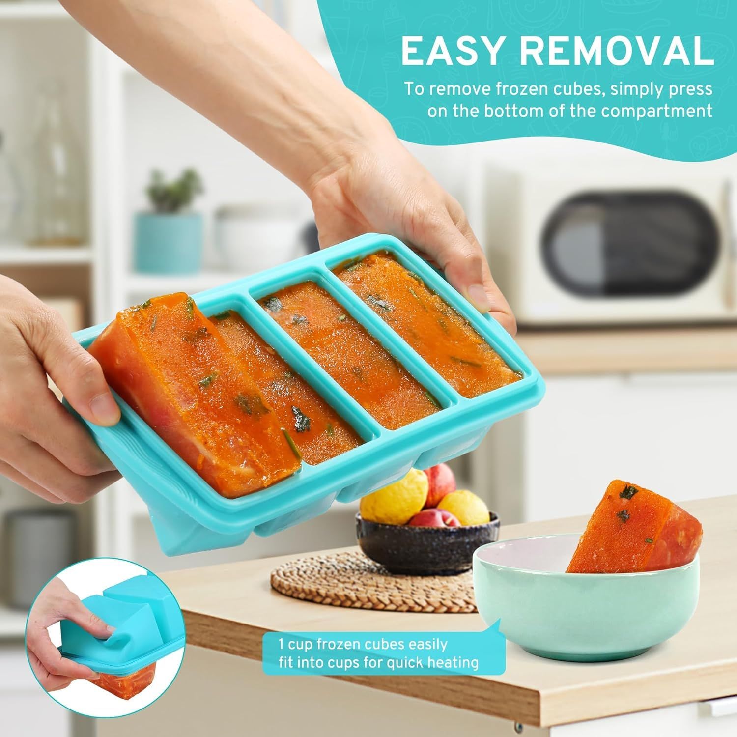 Silicone Freezer Tray with Lid - 1 Cup Silicone Food Freezer Tray - Large Ice Cube Freezer Molds - Soup, Sauce, leftovers, Homemade Meal Prep Freezing Kitchen Storage Containers - Aqua - 2-Pack - Image 3