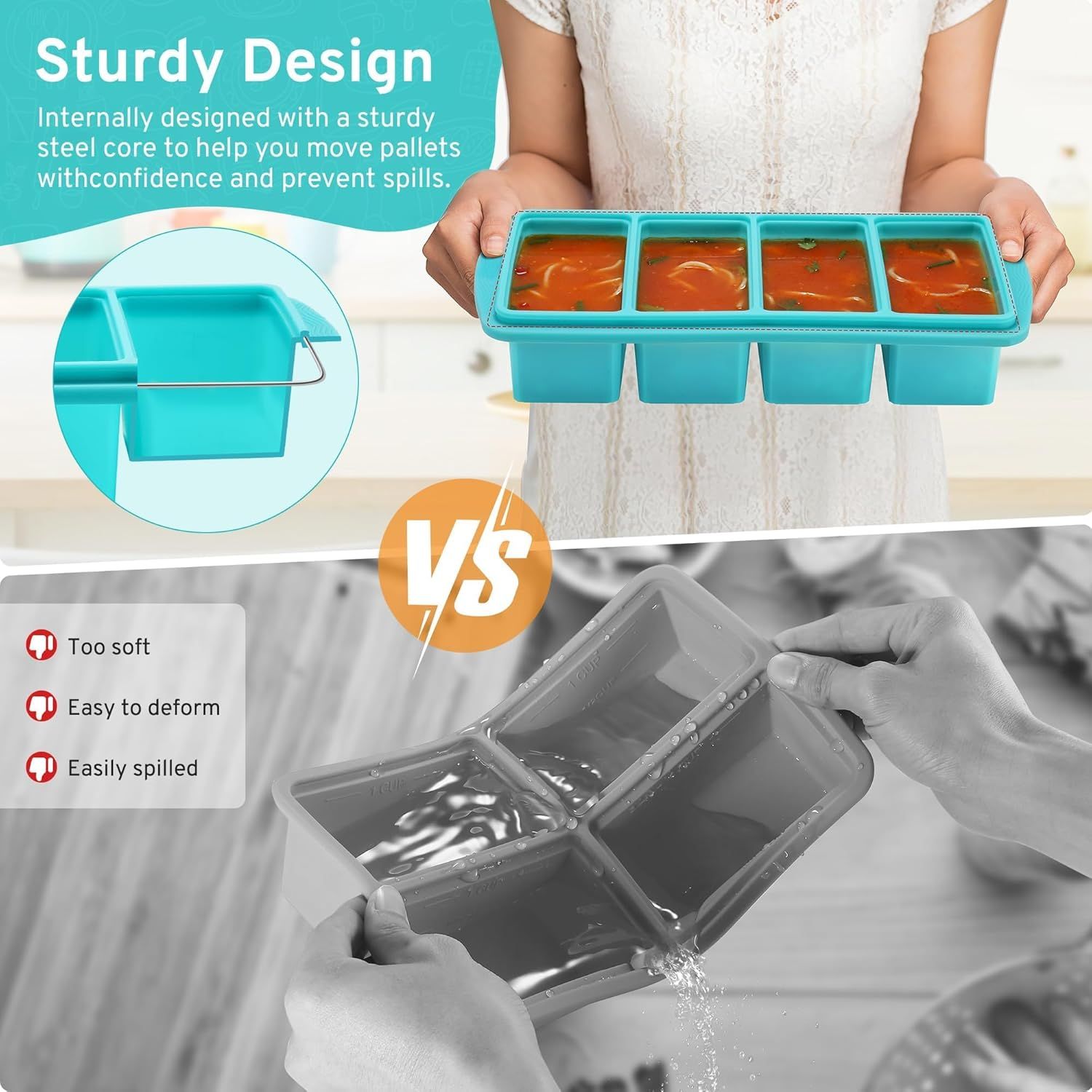 Silicone Freezer Tray with Lid - 1 Cup Silicone Food Freezer Tray - Large Ice Cube Freezer Molds - Soup, Sauce, leftovers, Homemade Meal Prep Freezing Kitchen Storage Containers - Aqua - 2-Pack - Image 4