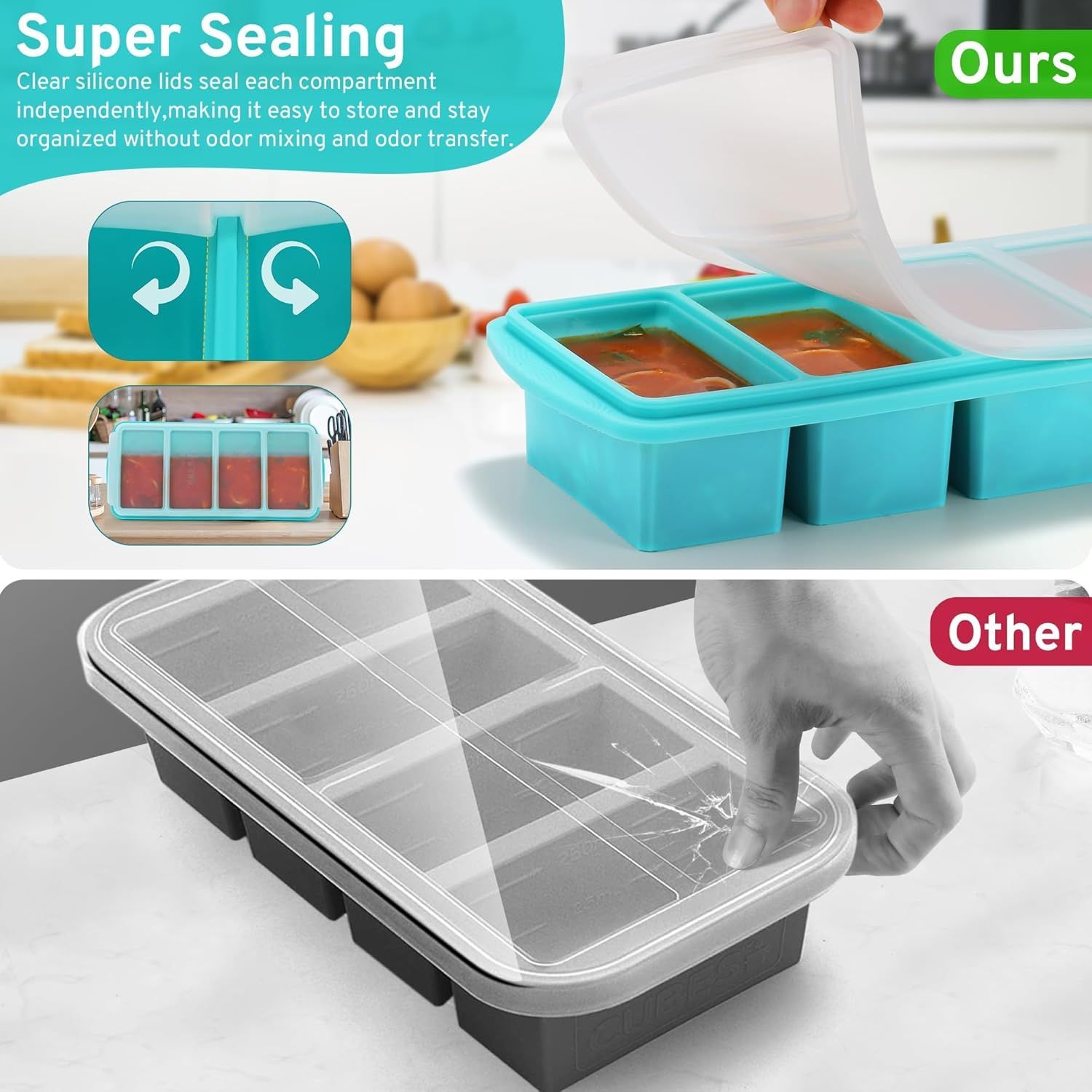 Silicone Freezer Tray with Lid - 1 Cup Silicone Food Freezer Tray - Large Ice Cube Freezer Molds - Soup, Sauce, leftovers, Homemade Meal Prep Freezing Kitchen Storage Containers - Aqua - 2-Pack - Image 5