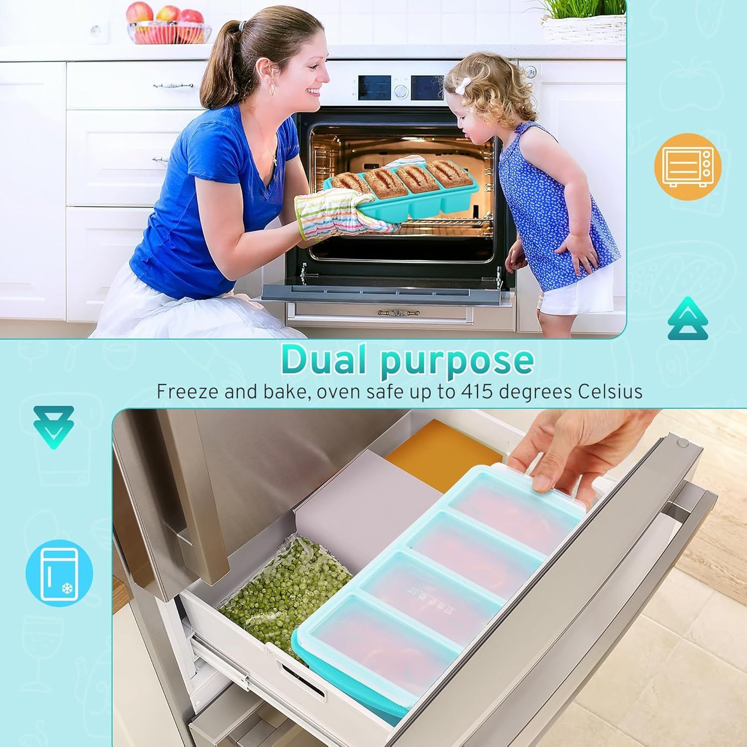 Silicone Freezer Tray with Lid - 1 Cup Silicone Food Freezer Tray - Large Ice Cube Freezer Molds - Soup, Sauce, leftovers, Homemade Meal Prep Freezing Kitchen Storage Containers - Aqua - 2-Pack - Image 6