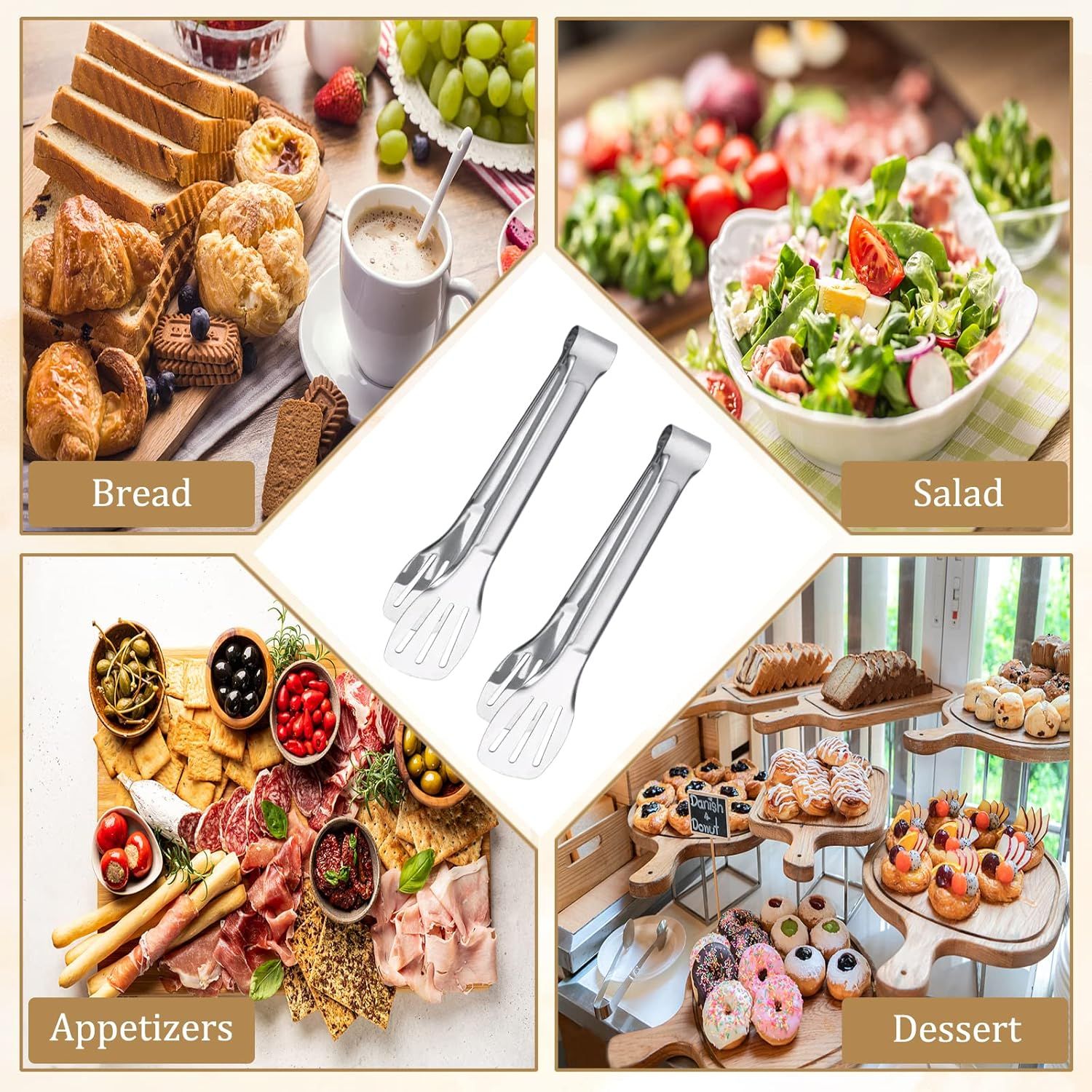 6PCS Serving Tongs, 7Inch Buffet Tongs, Stainless Steel Food Tong Small Serving Utensils for Cooking, Entertaining, Salad, Barbecue, Buffet, Toast and Steak by  (Stainless buffet tongs) - Image 7