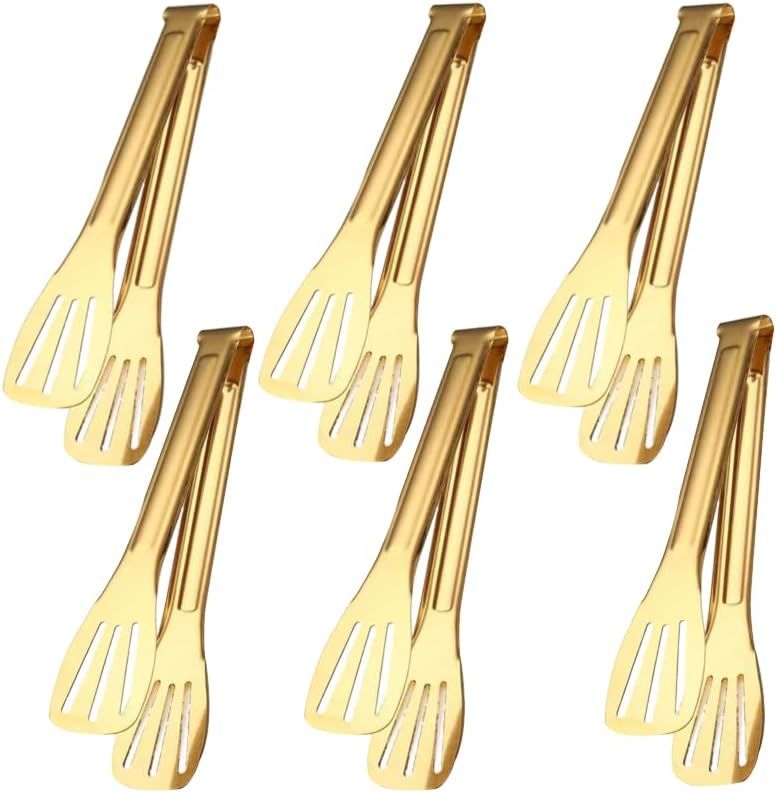 6 Pack Serving Tongs Kitchen Tong, 7 Inch Gold Buffet Tongs, Stainless Steel Food Tong Small Tong, Serving Tong for Buffet, Party, Salad, Appetizers - Image 1