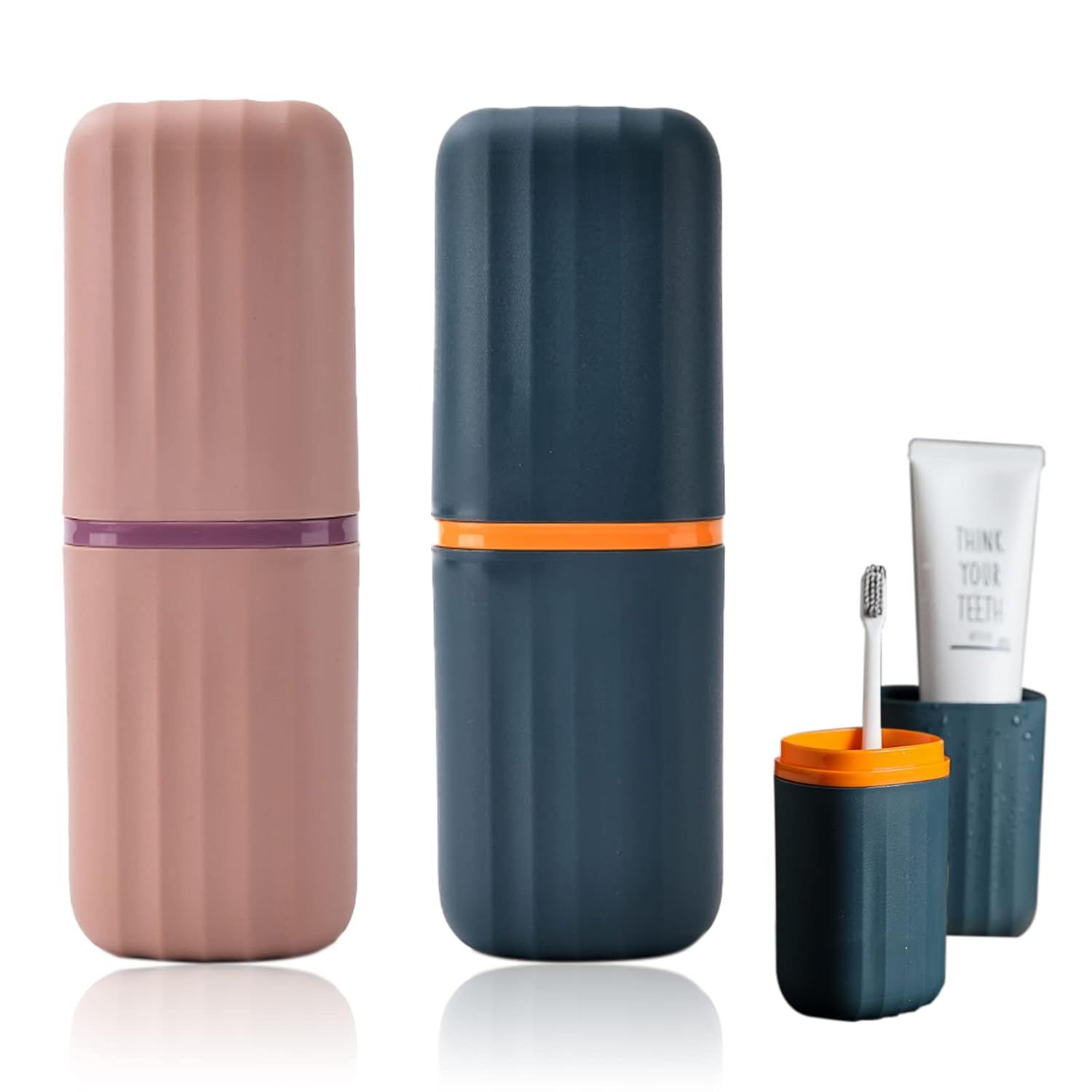 2Pcs Travel Toothbrush Cup Case, Portable Toothbrush Holder Case for Traveling, Camping, Business Trip and School, Plastic Toothbrushes Toothpaste Set with Two Colors (Navy blue and Lotus color) - Image 1