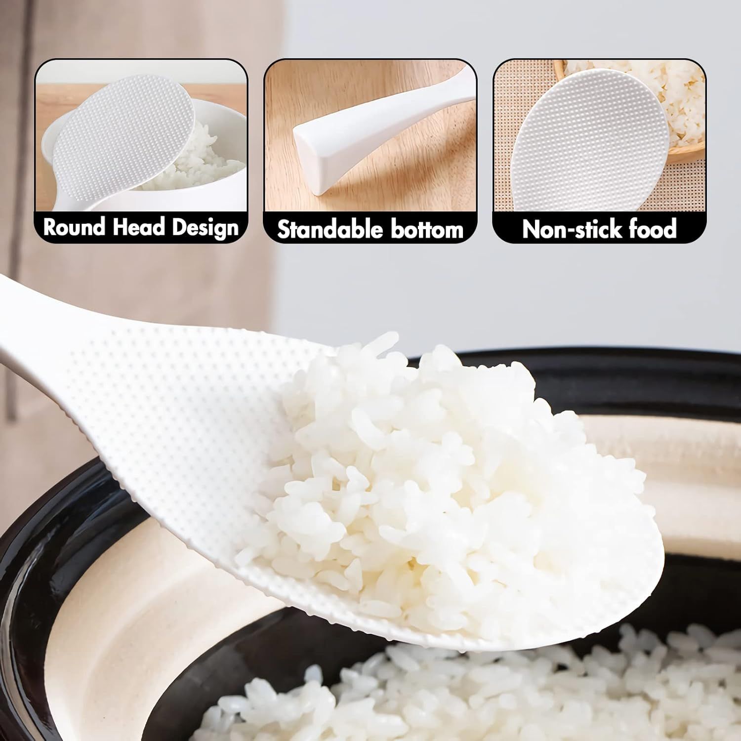 2 Pcs Plastic Rice Paddle,Non Stick Standing Rice Spoon Scooper Spatula,Heat Resistant Rice Cooker Spoon (White) - Image 4