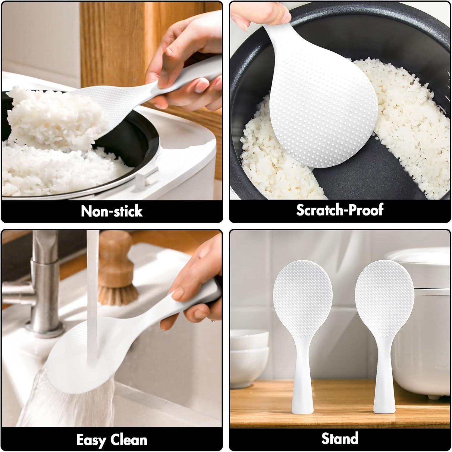 2 Pcs Plastic Rice Paddle,Non Stick Standing Rice Spoon Scooper Spatula,Heat Resistant Rice Cooker Spoon (White) - Image 5