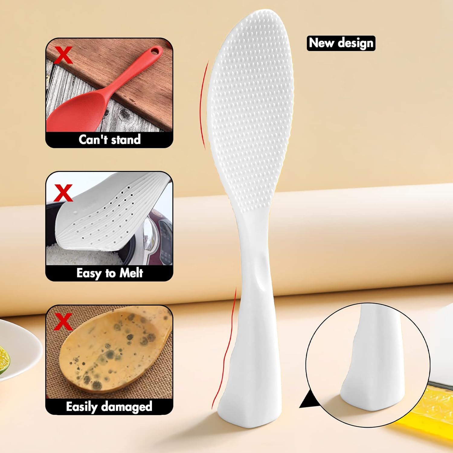 Silicone Standing Rice Spatula with Non-Stick Paddle, Heat Resistant Rice Cooker Spoon, Serving Spoon for Grains (White) - Image 3