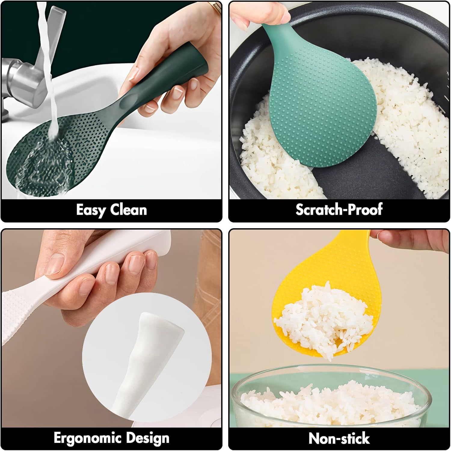 Silicone Standing Rice Spatula with Non-Stick Paddle, Heat Resistant Rice Cooker Spoon, Serving Spoon for Grains (White) - Image 5