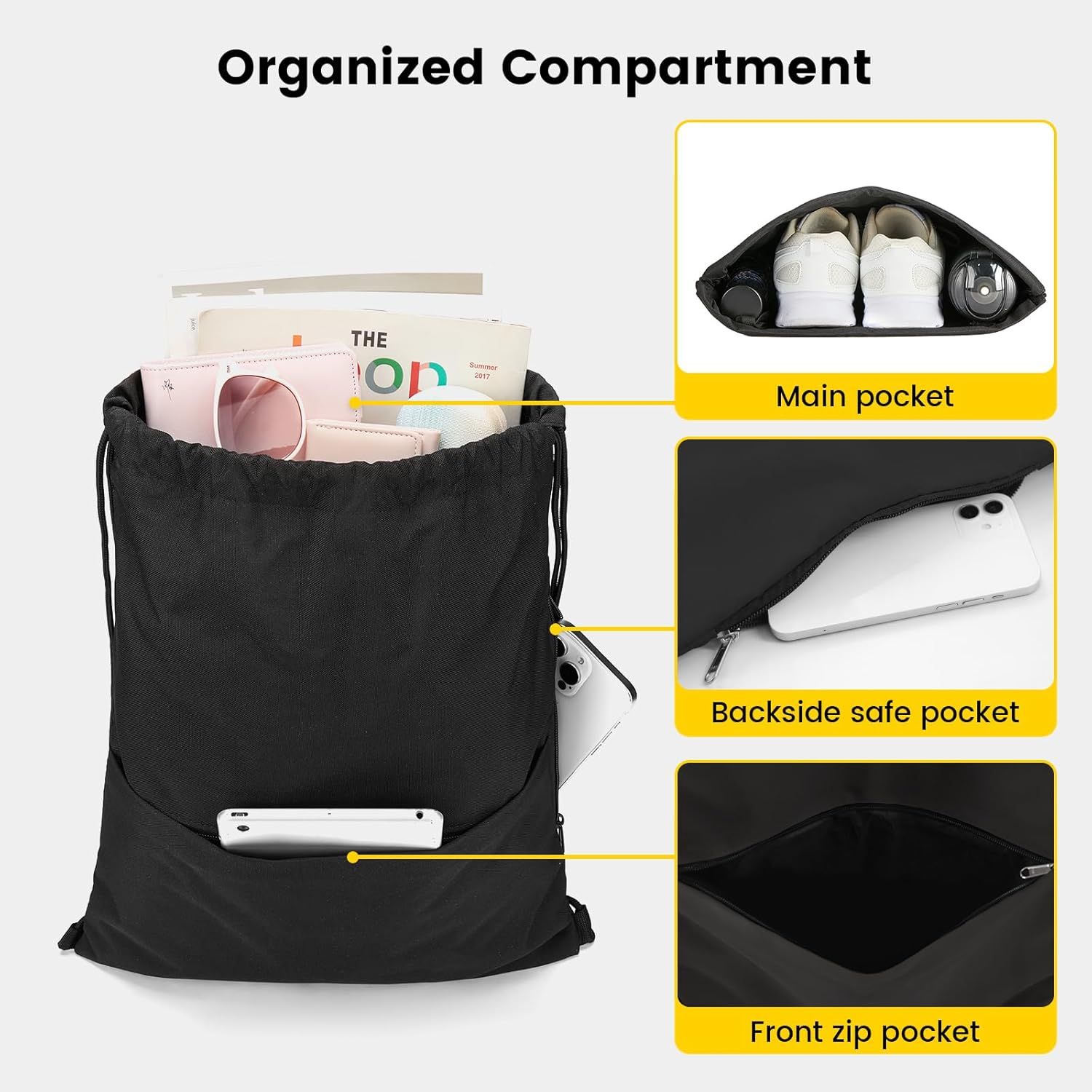 Drawstring Backpack Water Resistant String Bag Sports Sackpack Gym Sack with Side Pocket for Men Women - Image 3