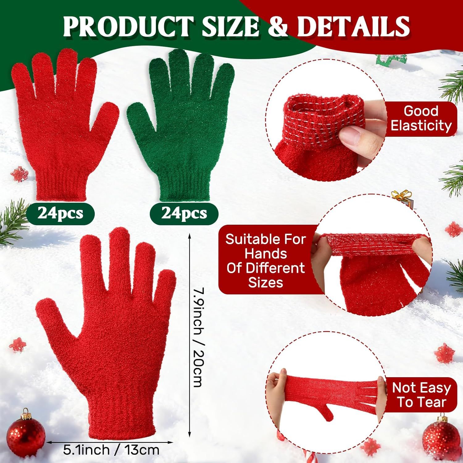 48 Pcs Red and Green Exfoliating Gloves Shower Gloves Bulk Christmas Stocking Stuffing Gifts Double Sided Body Scrub Exfoliate Glove for Women & Men Bath Shower Beauty Spa Massage Scrubber - Image 2
