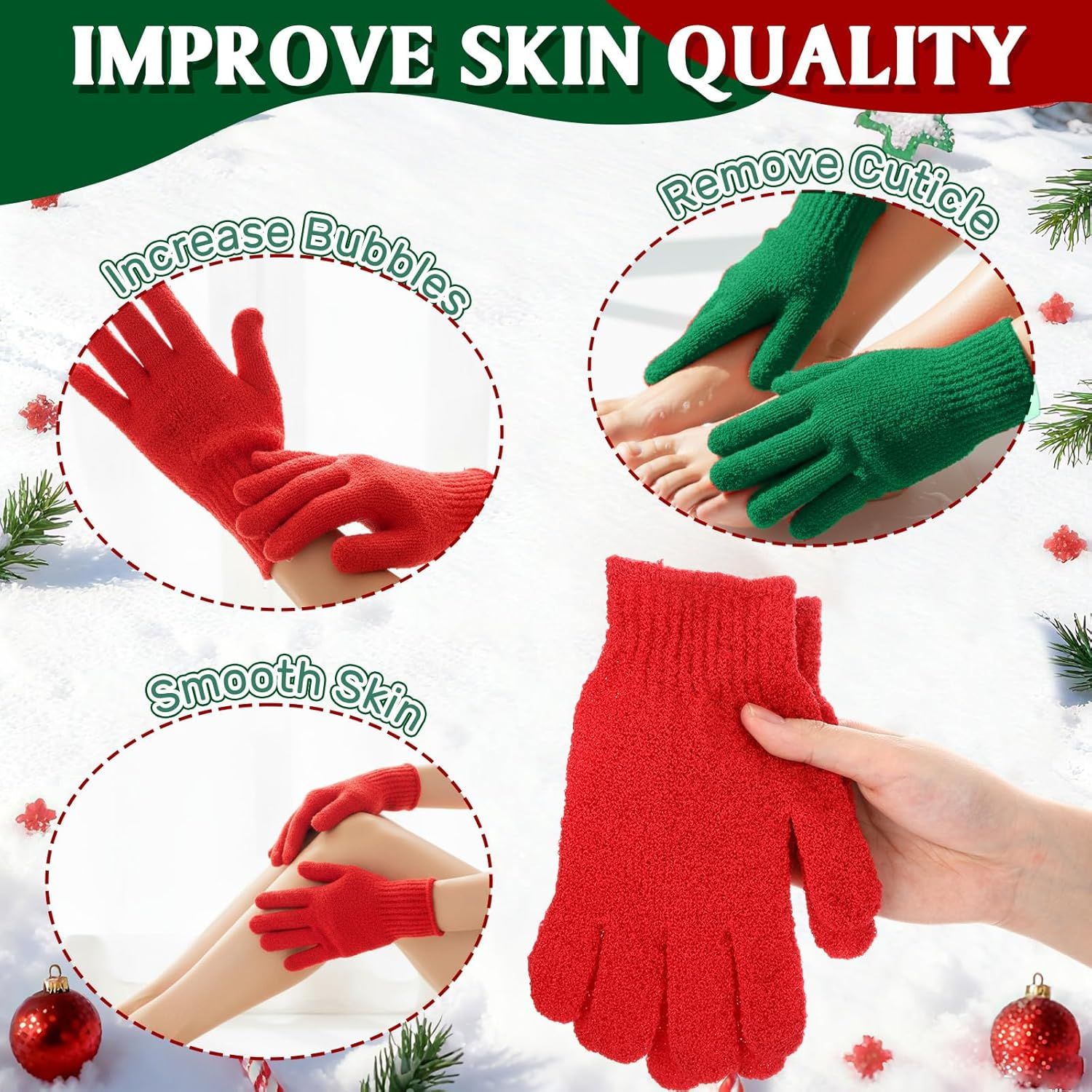 48 Pcs Red and Green Exfoliating Gloves Shower Gloves Bulk Christmas Stocking Stuffing Gifts Double Sided Body Scrub Exfoliate Glove for Women & Men Bath Shower Beauty Spa Massage Scrubber - Image 3