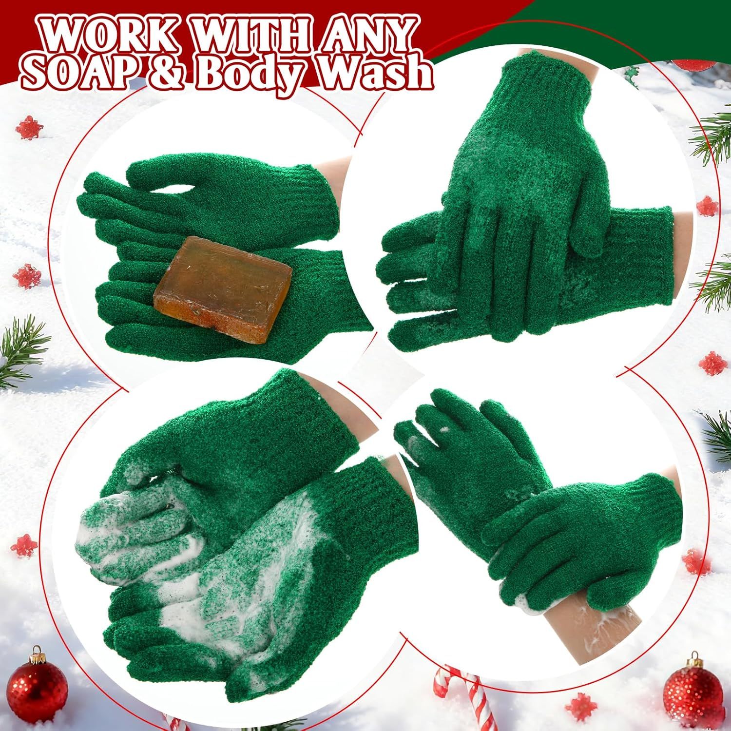 48 Pcs Red and Green Exfoliating Gloves Shower Gloves Bulk Christmas Stocking Stuffing Gifts Double Sided Body Scrub Exfoliate Glove for Women & Men Bath Shower Beauty Spa Massage Scrubber - Image 4