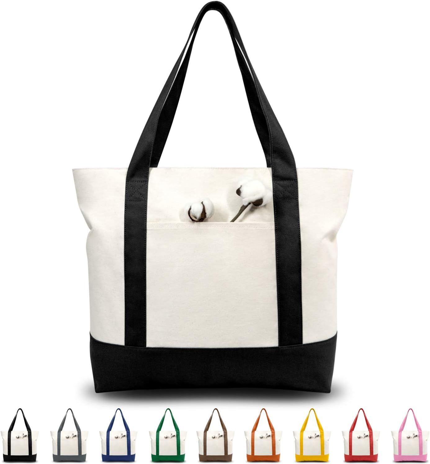 1 | 3 | 6 | 30 Pack Canvas Tote Bag with an External Pocket, Reusable Grocery Shopping Bag, Top Zipper Closure, Daily Essentials (Black/Natural Pack of 1) - Image 1