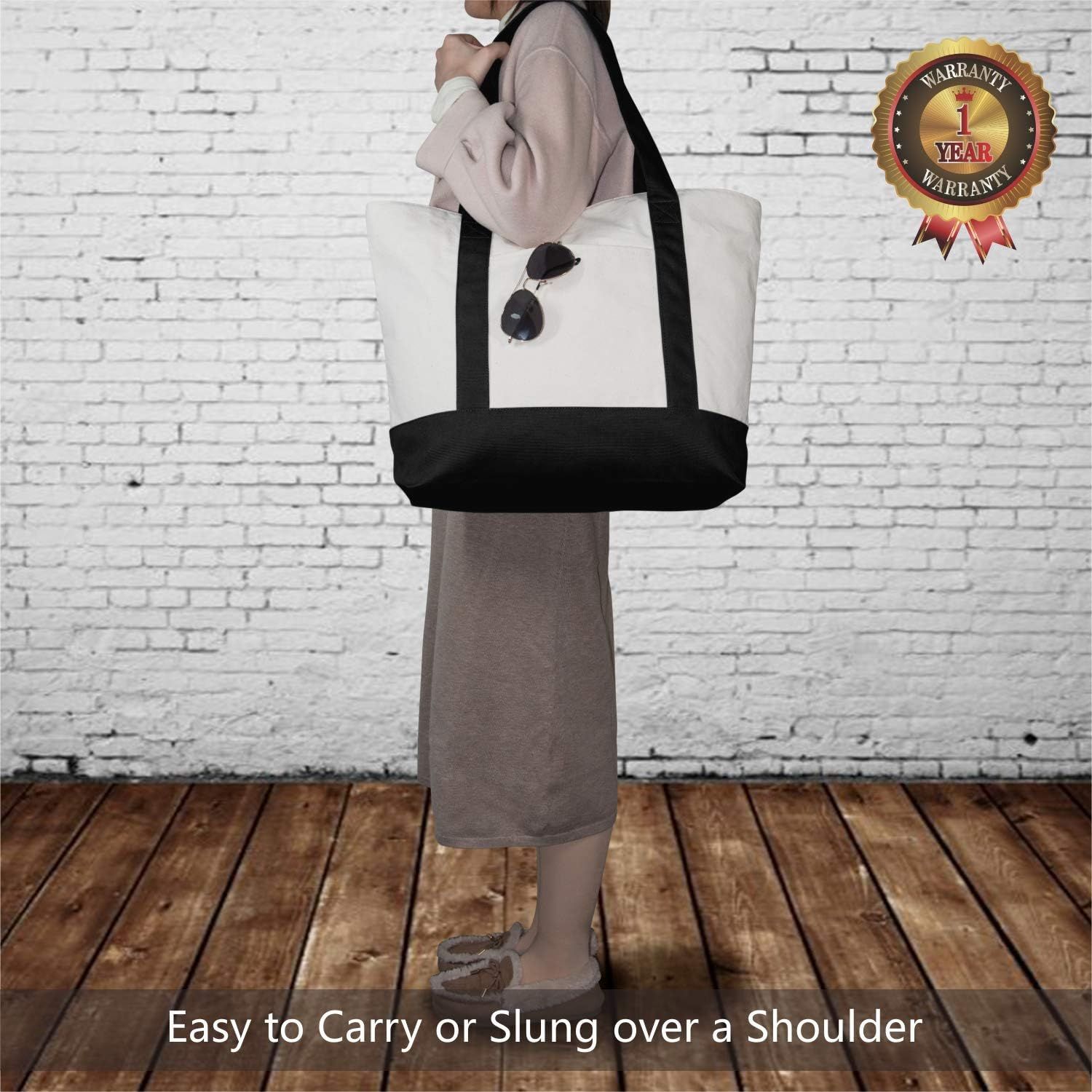 1 | 3 | 6 | 30 Pack Canvas Tote Bag with an External Pocket, Reusable Grocery Shopping Bag, Top Zipper Closure, Daily Essentials (Black/Natural Pack of 1) - Image 2