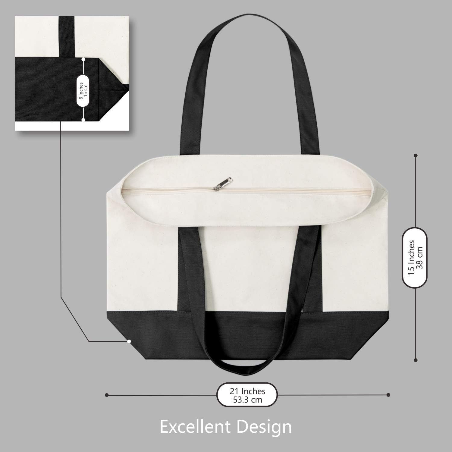 1 | 3 | 6 | 30 Pack Canvas Tote Bag with an External Pocket, Reusable Grocery Shopping Bag, Top Zipper Closure, Daily Essentials (Black/Natural Pack of 1) - Image 3