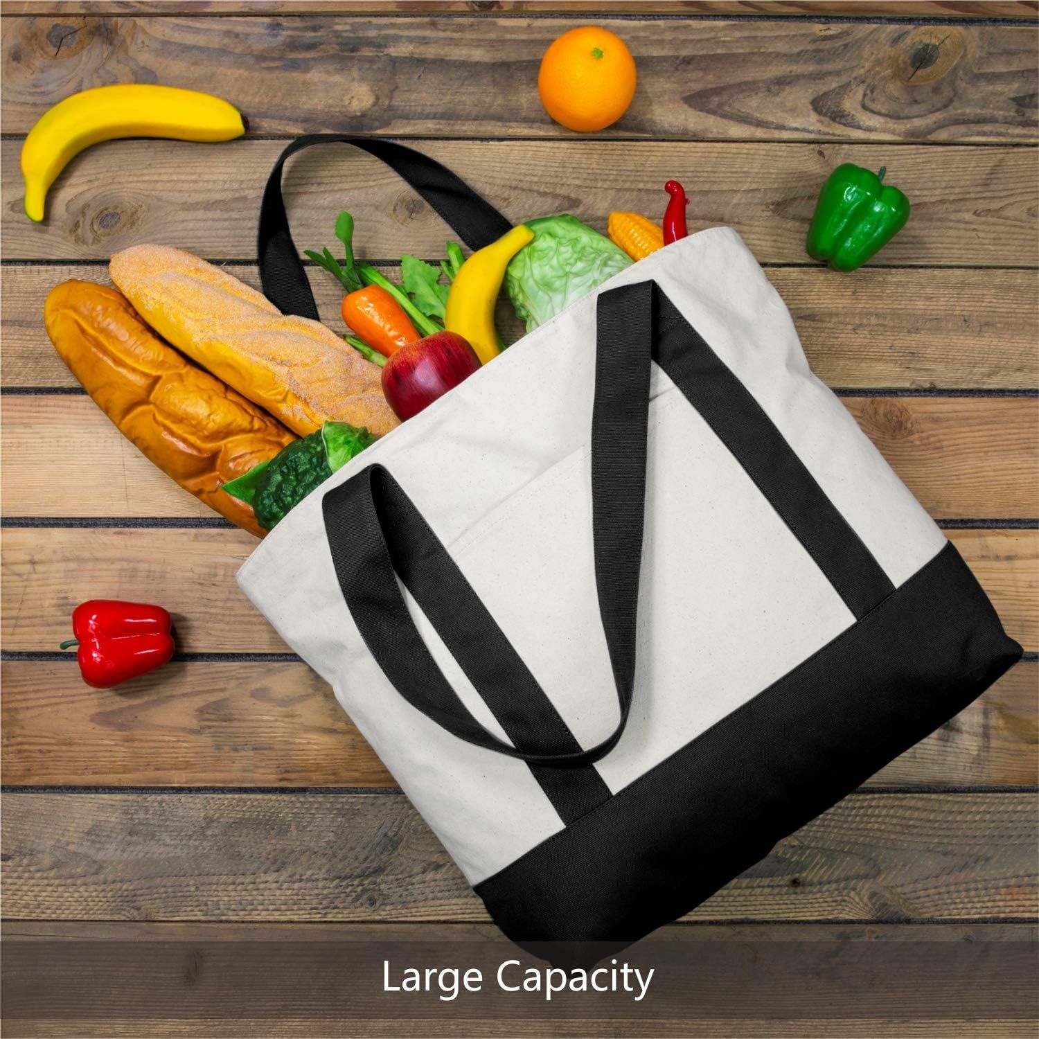 1 | 3 | 6 | 30 Pack Canvas Tote Bag with an External Pocket, Reusable Grocery Shopping Bag, Top Zipper Closure, Daily Essentials (Black/Natural Pack of 1) - Image 5