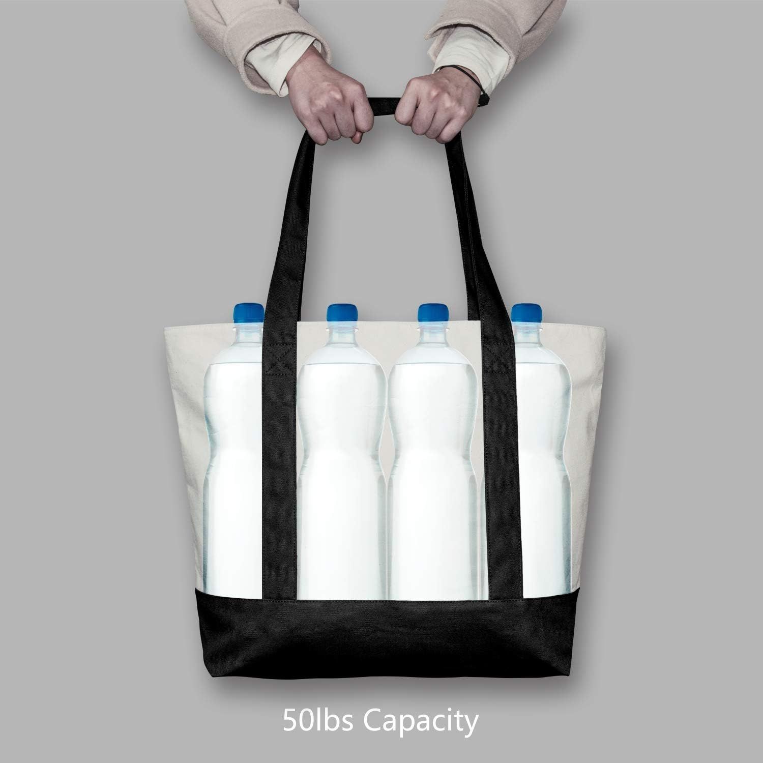 1 | 3 | 6 | 30 Pack Canvas Tote Bag with an External Pocket, Reusable Grocery Shopping Bag, Top Zipper Closure, Daily Essentials (Black/Natural Pack of 1) - Image 6
