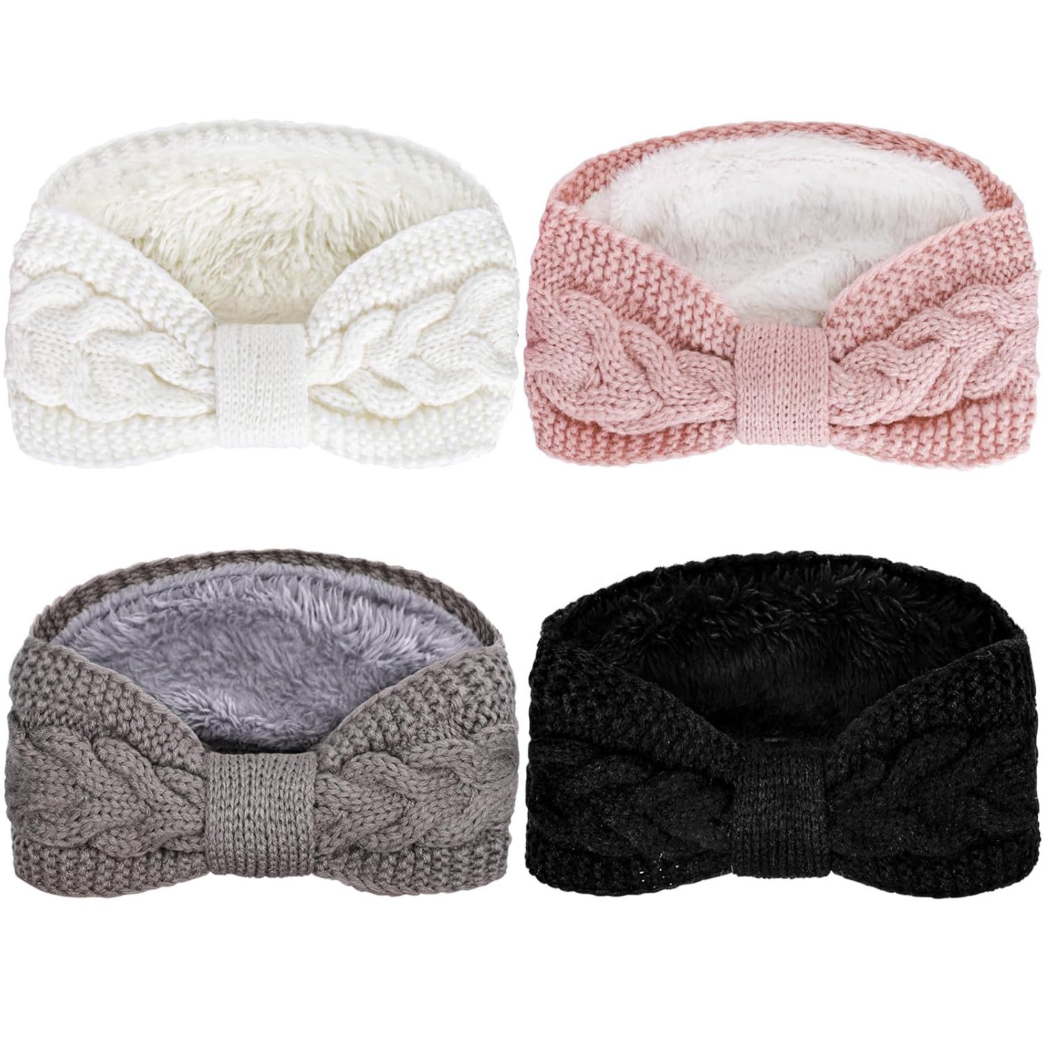 4 Pack Twisted Knit Headbands Winter Knotted Head Wraps Fuzzy Lined Headband Thick Crochet Turban Ear Warmer Elastic Hair Band Accessories for Women (White, Pink, Black, Grey) - Image 1