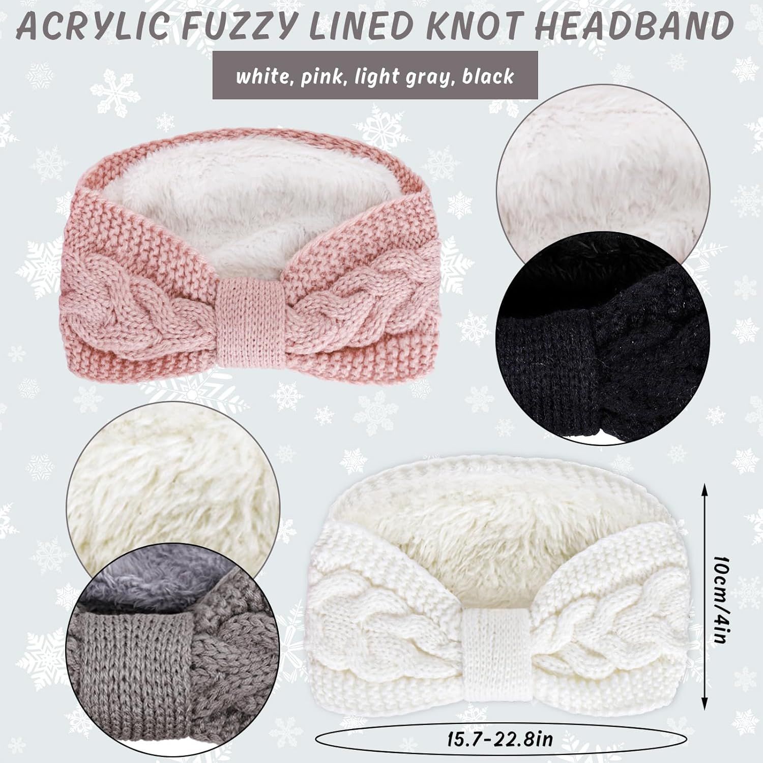 4 Pack Twisted Knit Headbands Winter Knotted Head Wraps Fuzzy Lined Headband Thick Crochet Turban Ear Warmer Elastic Hair Band Accessories for Women (White, Pink, Black, Grey) - Image 2