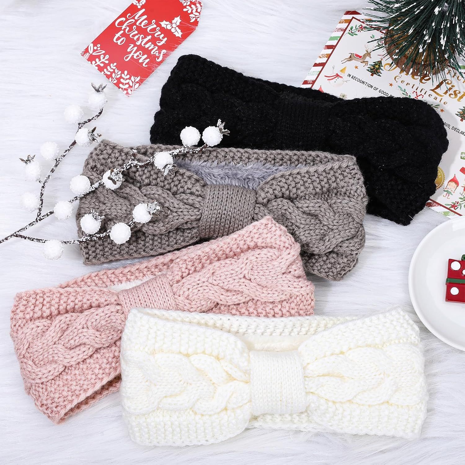 4 Pack Twisted Knit Headbands Winter Knotted Head Wraps Fuzzy Lined Headband Thick Crochet Turban Ear Warmer Elastic Hair Band Accessories for Women (White, Pink, Black, Grey) - Image 4