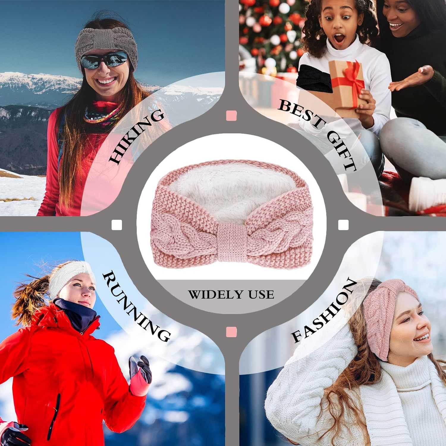 4 Pack Twisted Knit Headbands Winter Knotted Head Wraps Fuzzy Lined Headband Thick Crochet Turban Ear Warmer Elastic Hair Band Accessories for Women (White, Pink, Black, Grey) - Image 7