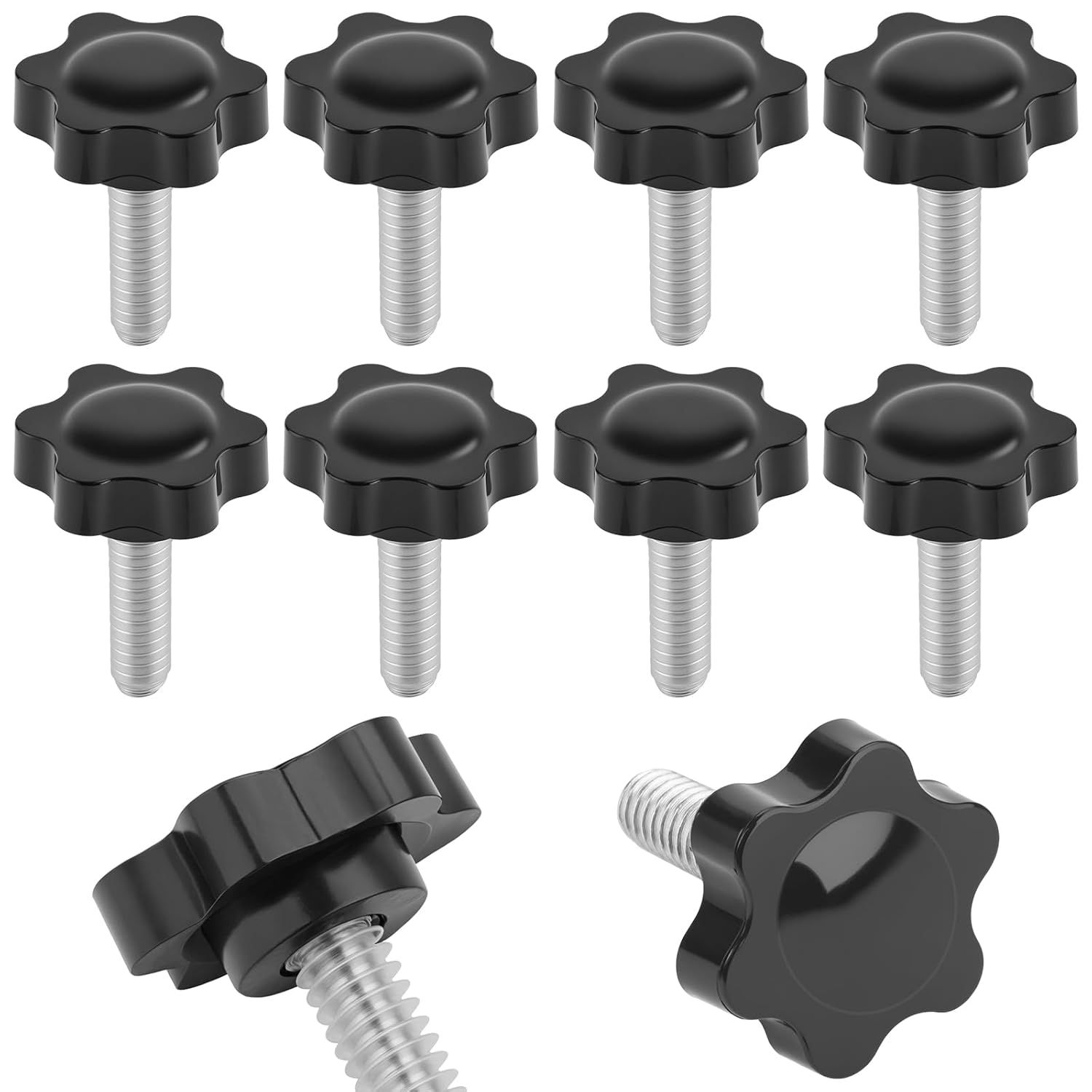 10PCS 1/4-20 Black Star Knobs, Threaded Knurled Thumb Nuts for Mechanical Instrument, Grip Knob Screw/Star Hand Knob for Umbrella Base Replacement, Female Threaded Hexagon Head Thru Knob - Image 1
